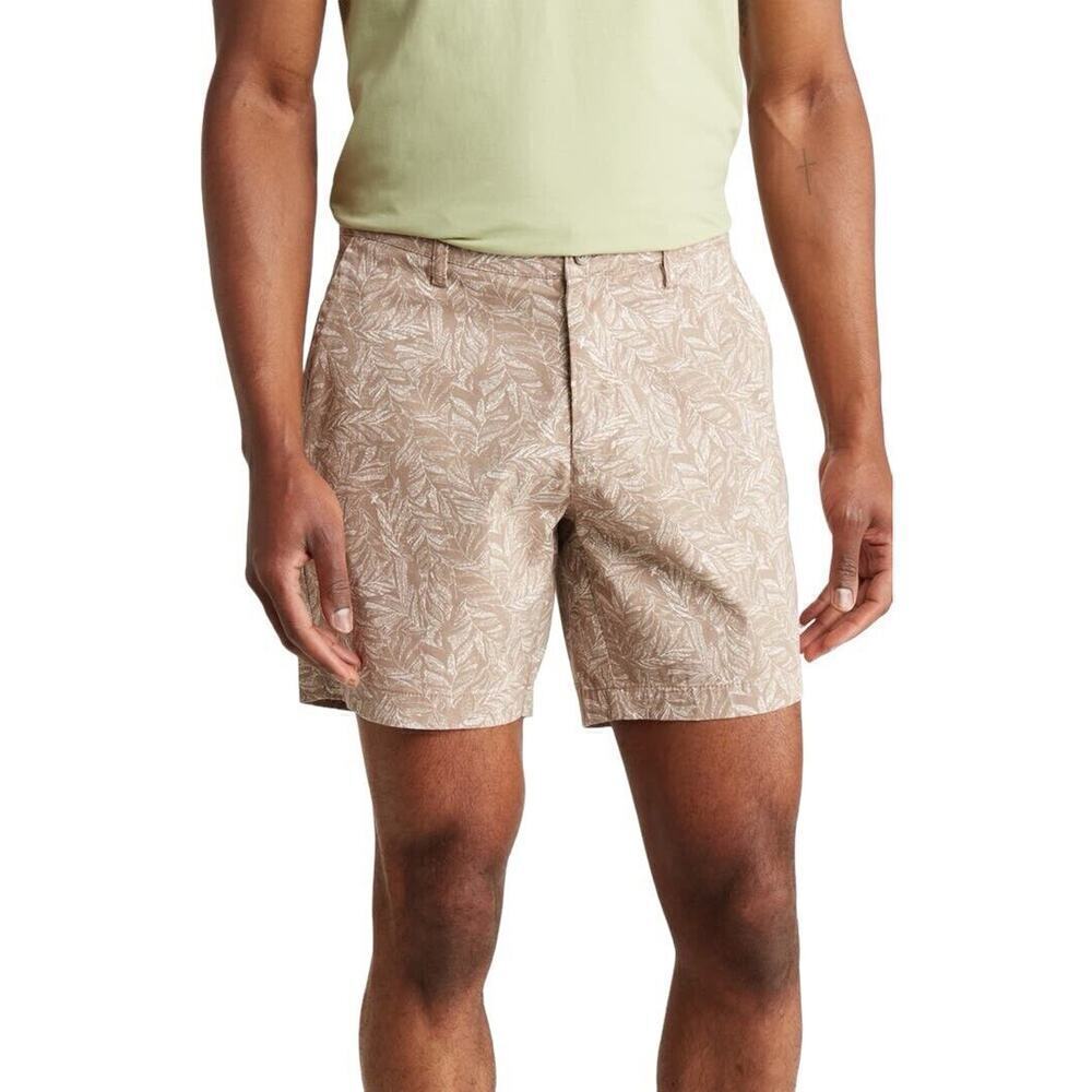 SLATE & STONE Men's Khaki Palm Print 7" Cotton Twill Short 36